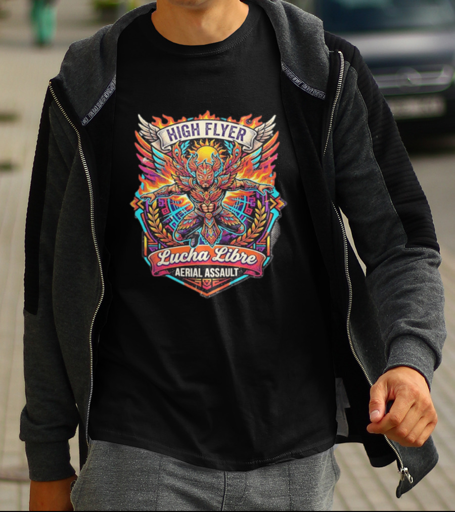 High Flyer Lucha Libre Aerial Assault Winged Masked Wrestler Sun Flames T-Shirt