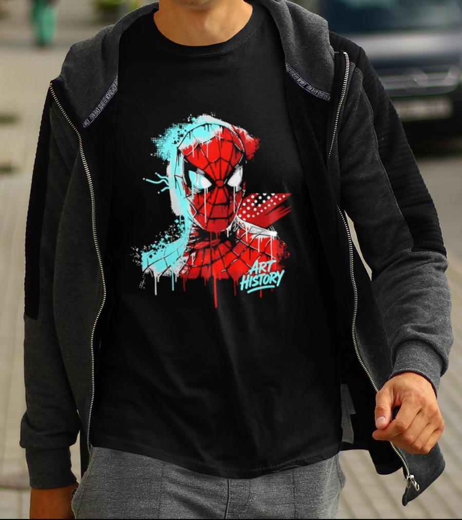 Spider Man Mask Dripping Paint Graffiti Art History Halftone Splatter T-Shirt