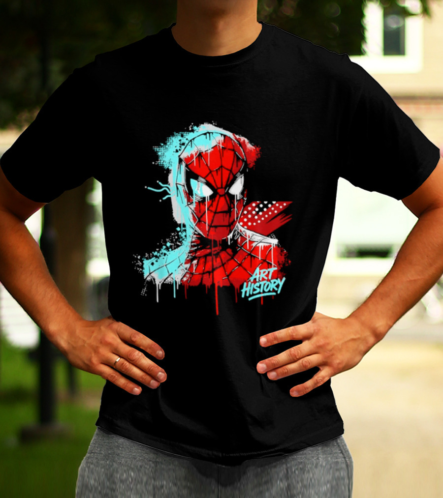 Spider Man Mask Dripping Paint Graffiti Art History Halftone Splatter T-Shirt