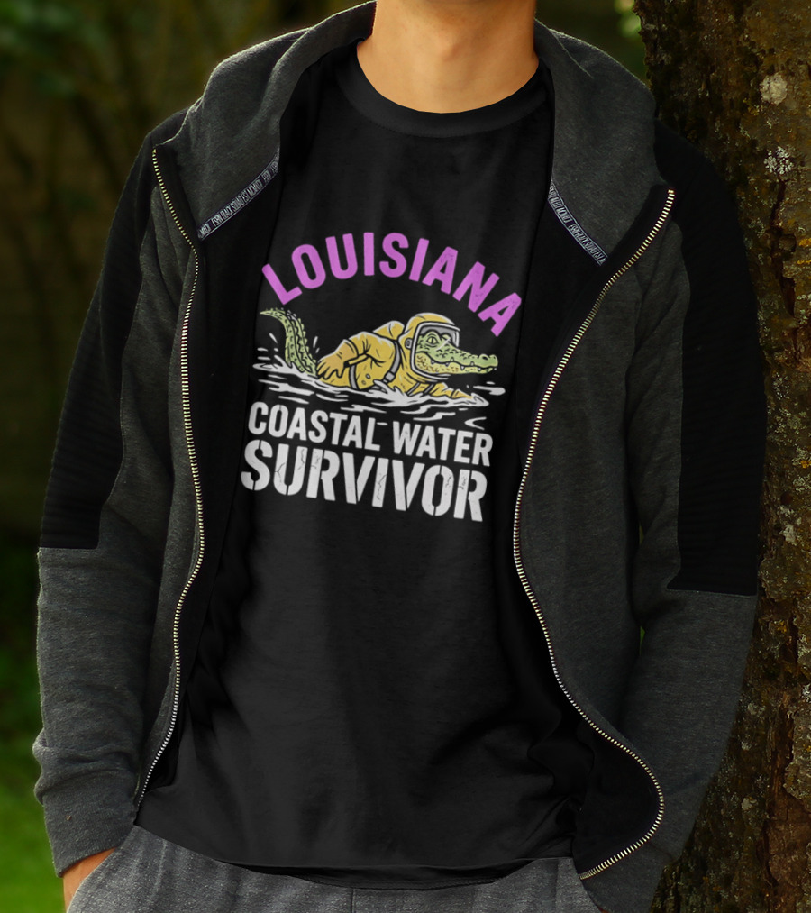 Louisiana Coastal Water Survivor Cartoon Alligator Yellow Hazmat Suit T-Shirt