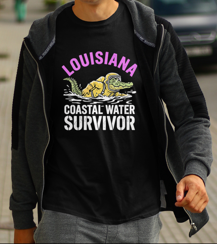 Louisiana Coastal Water Survivor Cartoon Alligator Yellow Hazmat Suit T-Shirt
