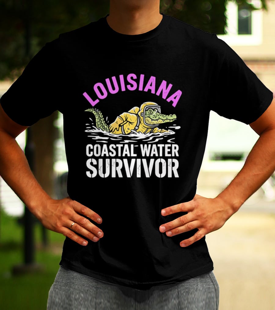 Louisiana Coastal Water Survivor Cartoon Alligator Yellow Hazmat Suit T-Shirt