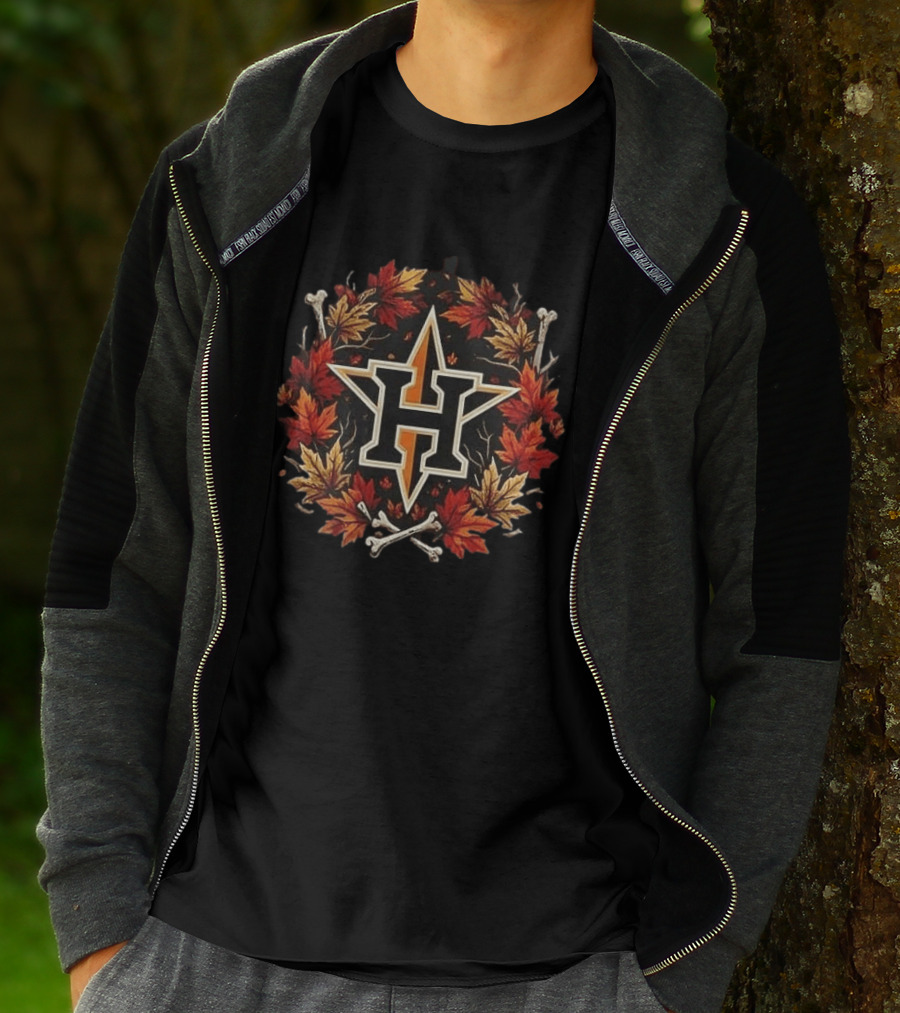 Houston Astros Halloween Maple Leaves Skull Crossed Bats Baseballs T-Shirt