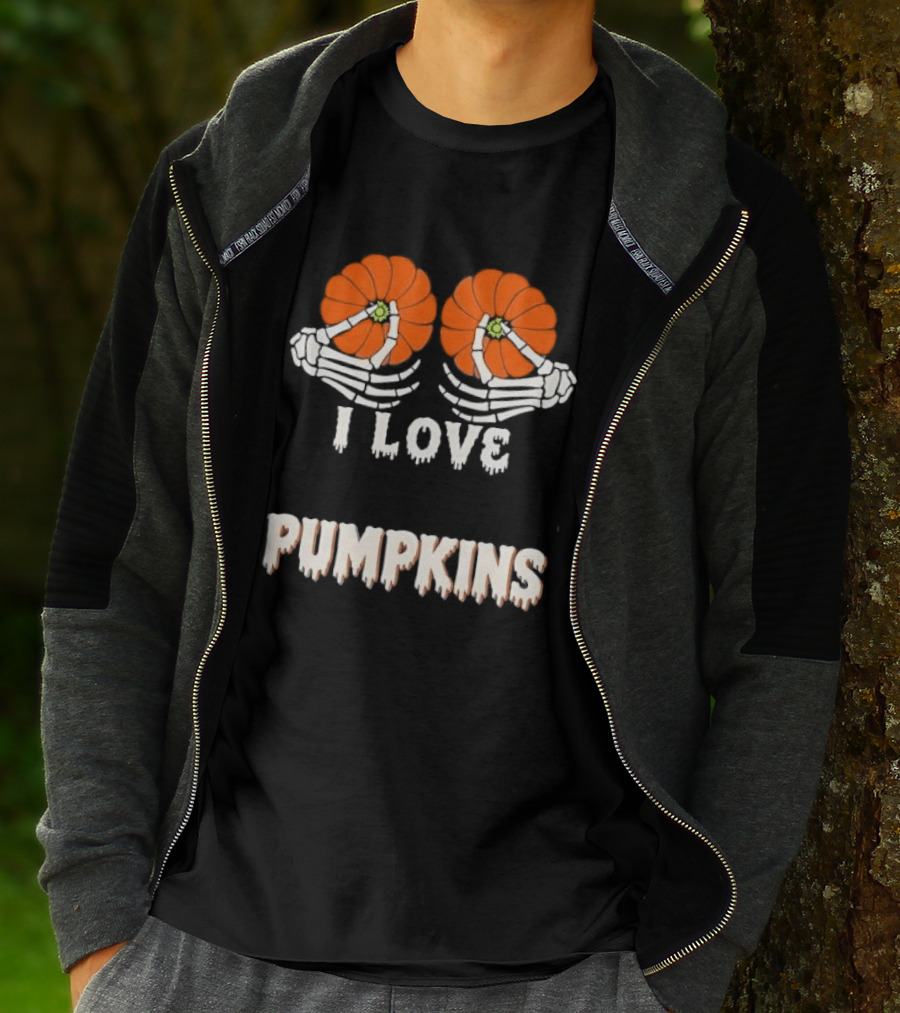 I Love Pumpkins Skeleton Hands Orange Gourds Dripping Font T-Shirt