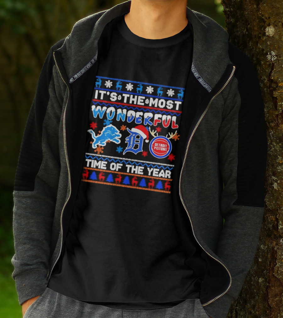 Detroit Lions And Pistons Christmas 2026 It's The Most Wonderful Time Of The Year T-Shirt