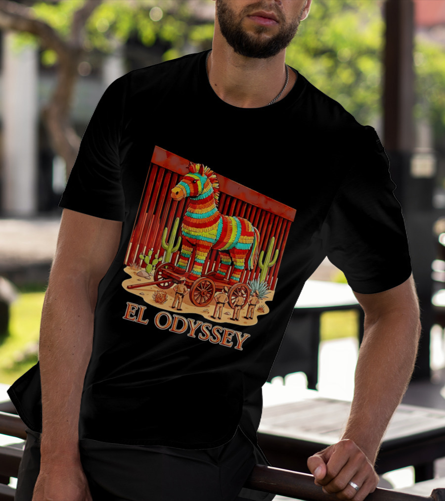 El Odyssey Piñata Horse Statue At Border With Cacti And Soldiers T-Shirt