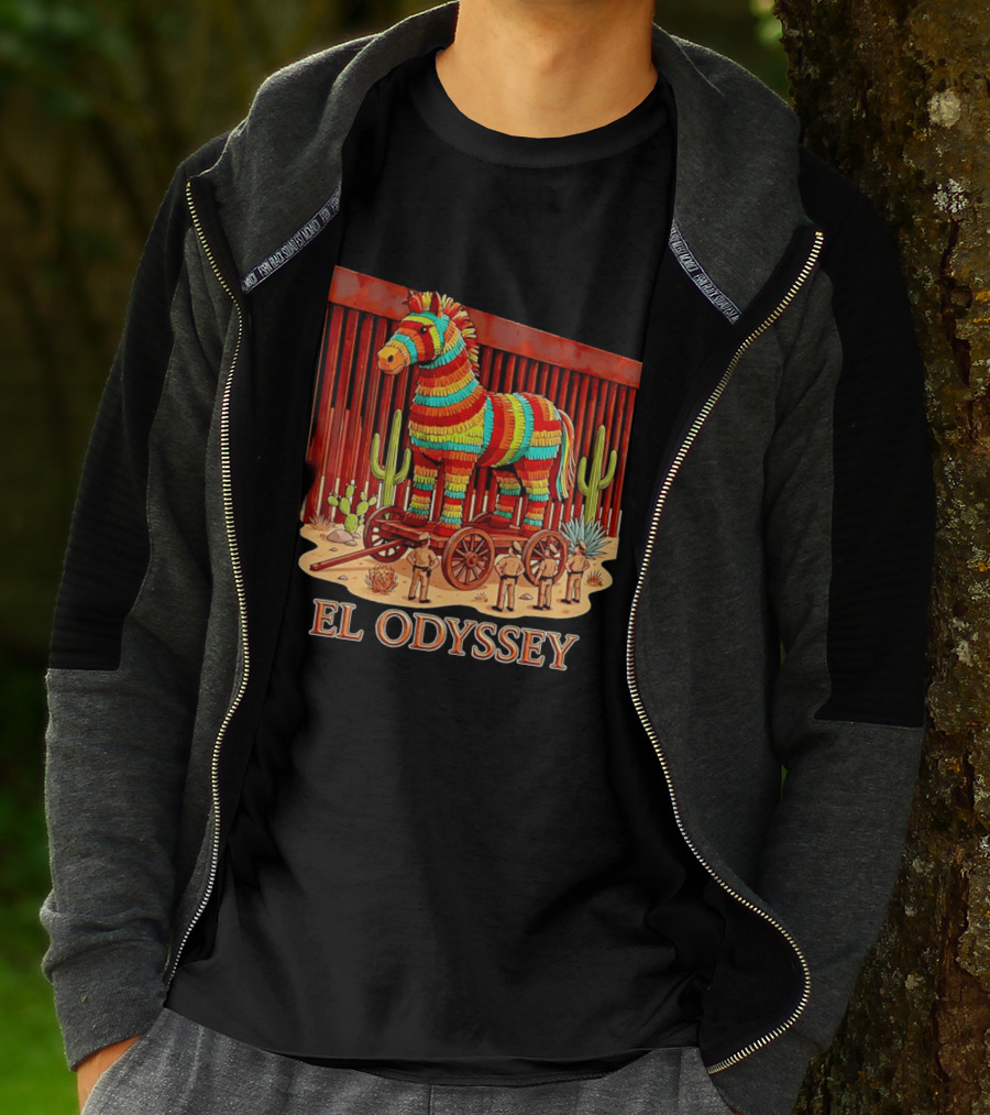 El Odyssey Piñata Horse Statue At Border With Cacti And Soldiers T-Shirt