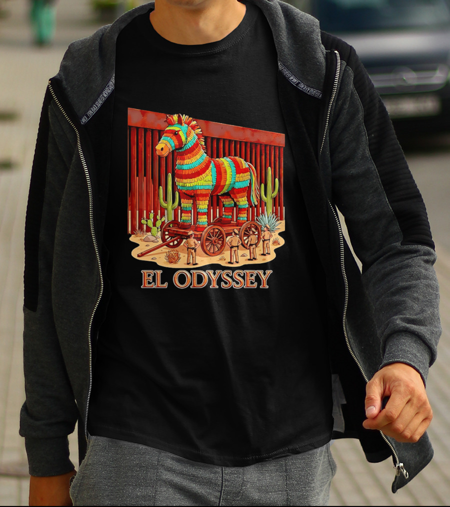 El Odyssey Piñata Horse Statue At Border With Cacti And Soldiers T-Shirt