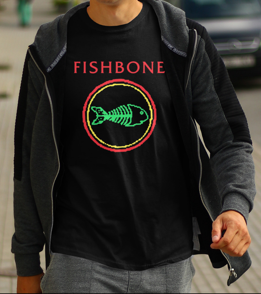 Fishbone Red Text Green Fish Skeleton Yellow Circular Frame T-Shirt