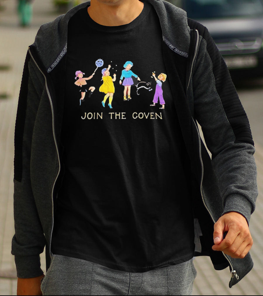 Join The Coven Funny Retro Witchy Kids Playing With Black Cat T-Shirt