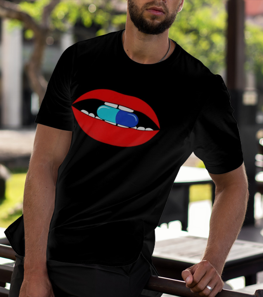 Red Lips Blue And Cyan Pill Bite T-Shirt