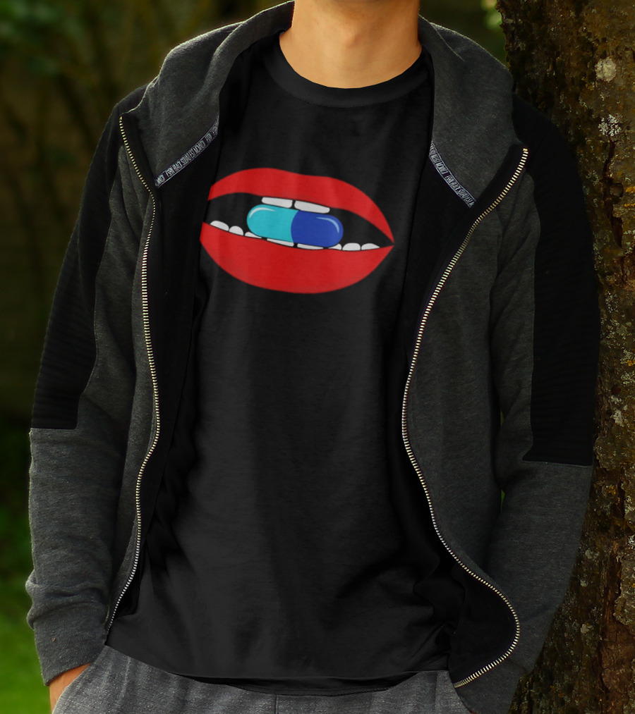 Red Lips Blue And Cyan Pill Bite T-Shirt