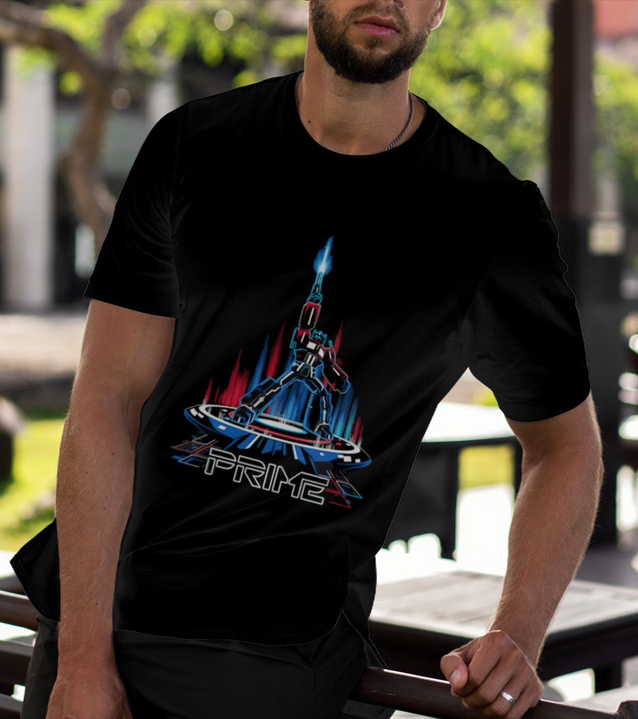 Prime Neon Robot Raising Glowing Light Beam Circular Platform T-Shirt