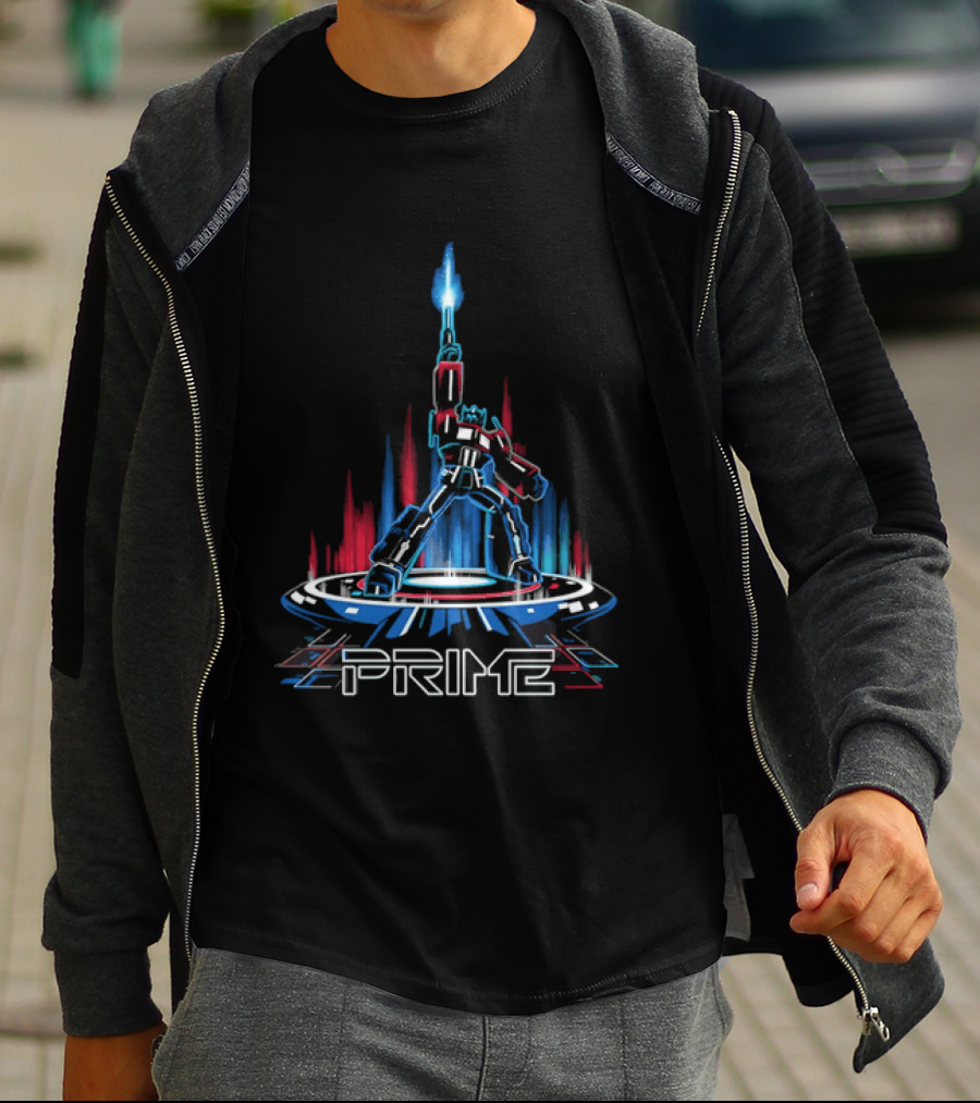 Prime Neon Robot Raising Glowing Light Beam Circular Platform T-Shirt