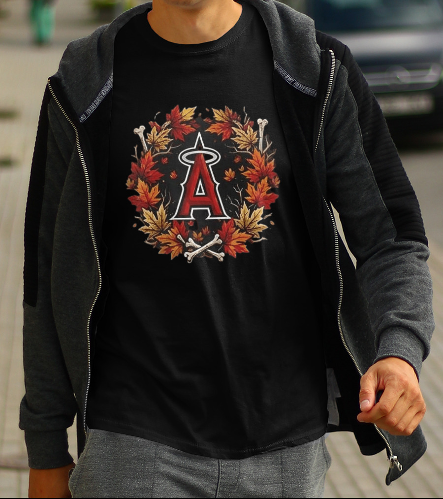 Los Angeles Angels Maple Leaves Skull Crossed Bats Baseballs Halloween T-Shirt