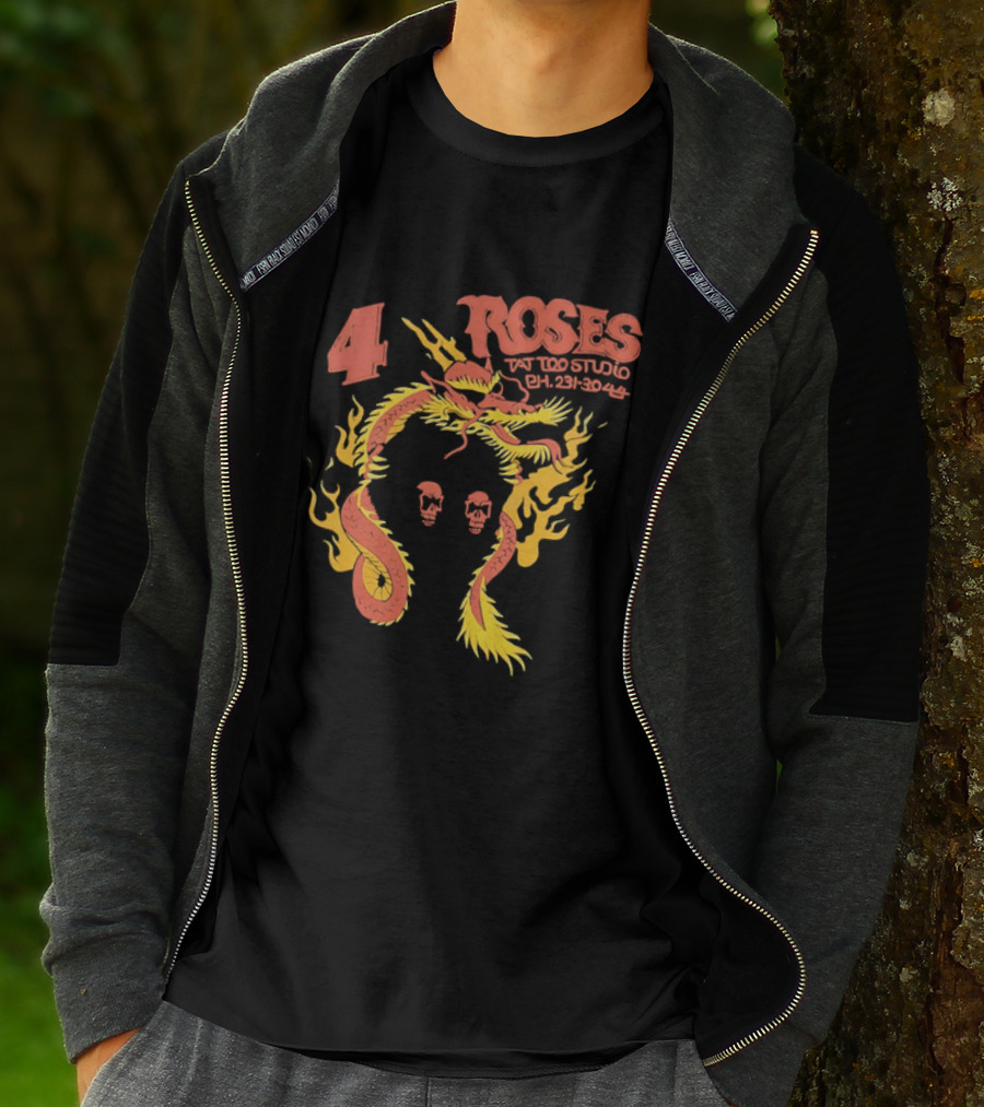 4 Roses Tattoo Studio Ph 231 3044 Dragon Yellow Flames Red Skulls T-Shirt