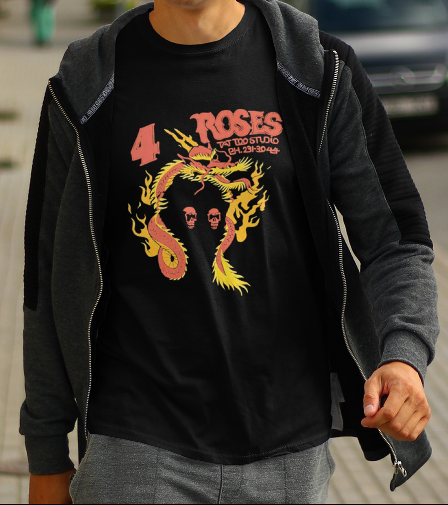 4 Roses Tattoo Studio Ph 231 3044 Dragon Yellow Flames Red Skulls T-Shirt