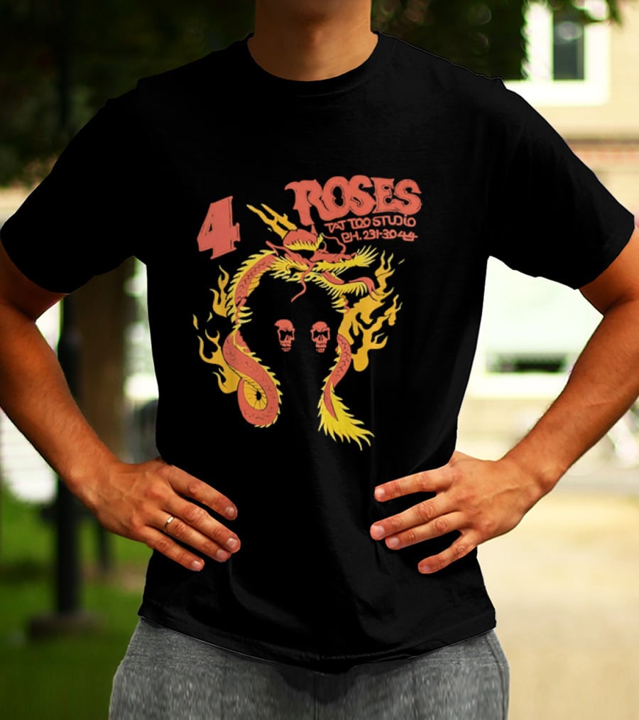 4 Roses Tattoo Studio Ph 231 3044 Dragon Yellow Flames Red Skulls T-Shirt