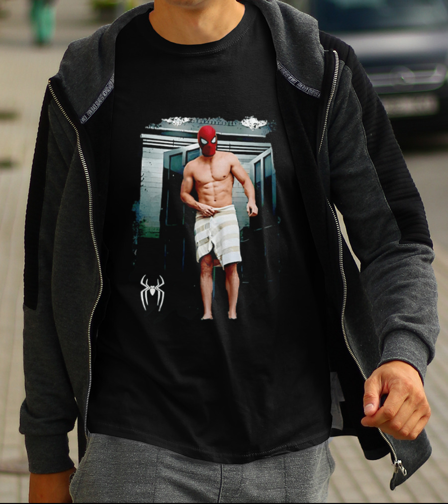 Spider Man Masked Figure In Towel Scene With Iconic White Spider T-Shirt