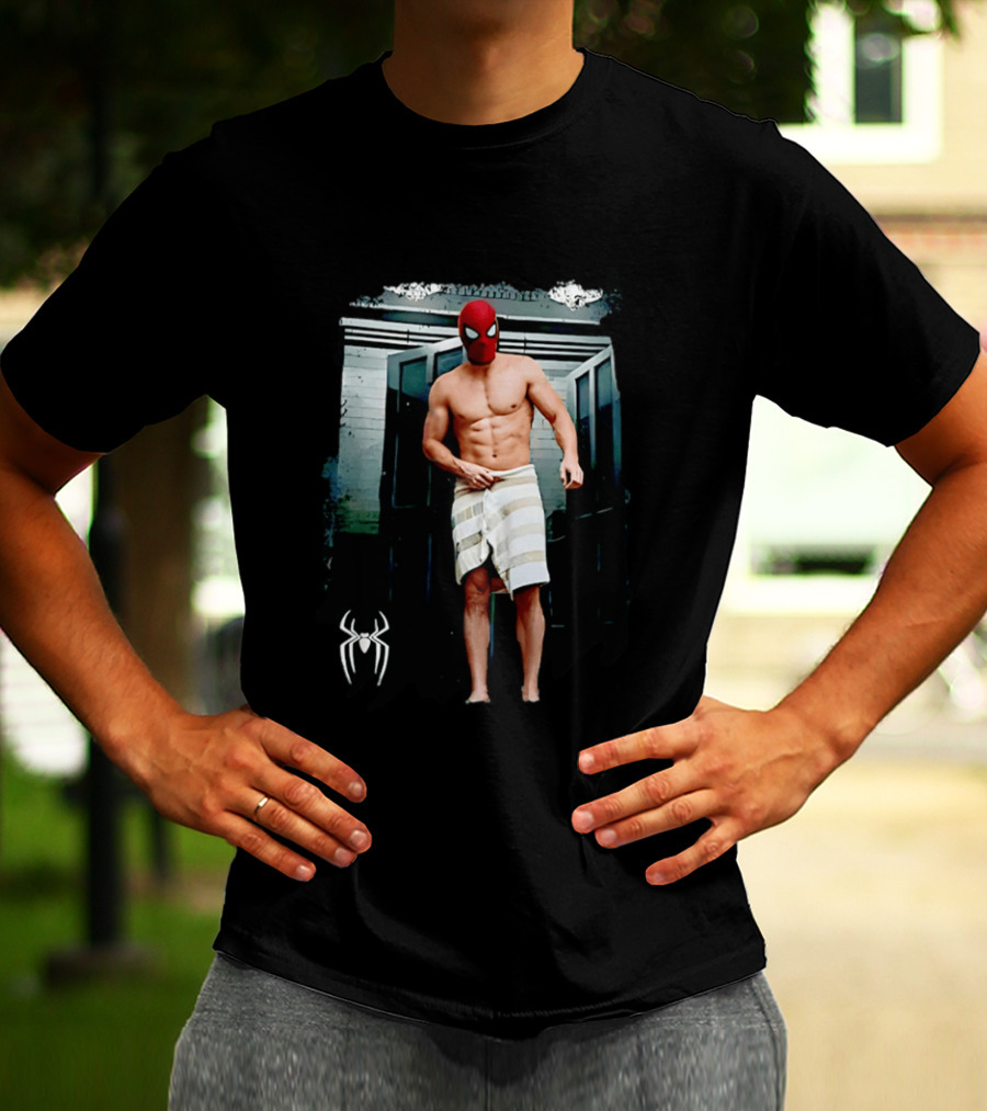 Spider Man Masked Figure In Towel Scene With Iconic White Spider T-Shirt