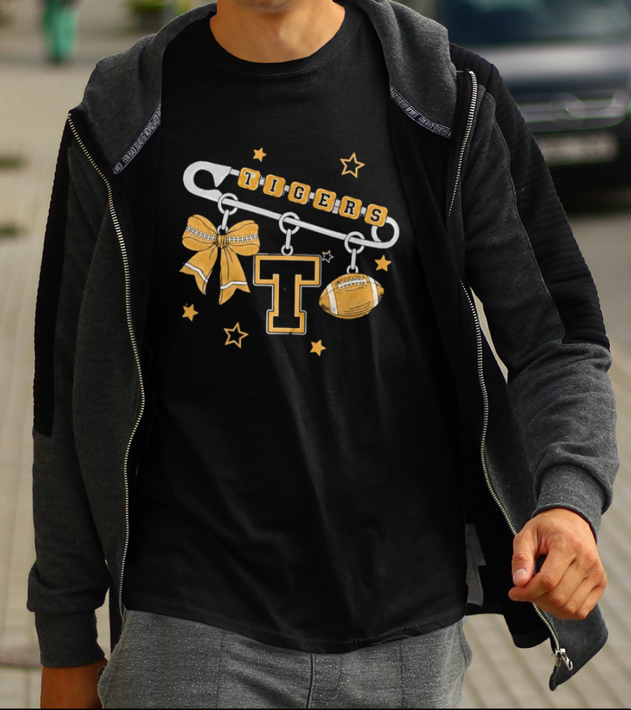 Tigers Cheer Bow Safety Pin Varsity Letter Football Charms Stars T-Shirt