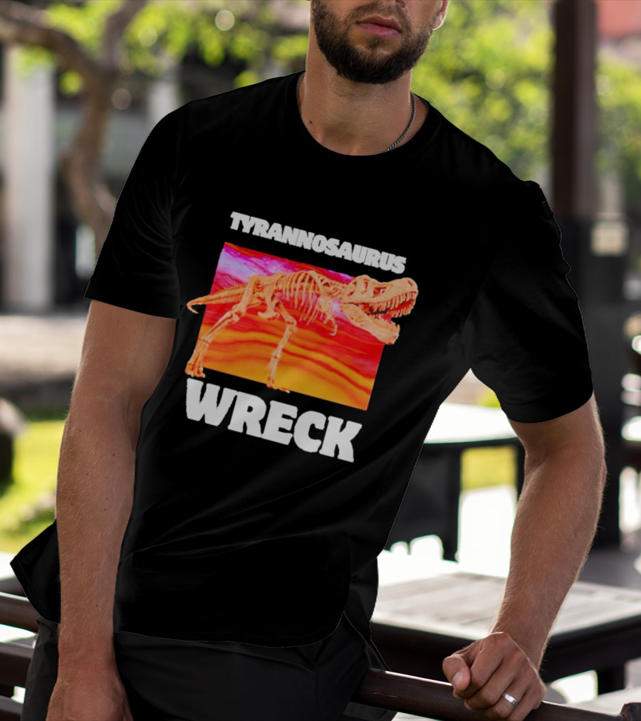 Tyrannosaurus Wreck Dinosaur Pun With Rex Skeleton On Sunset T-Shirt