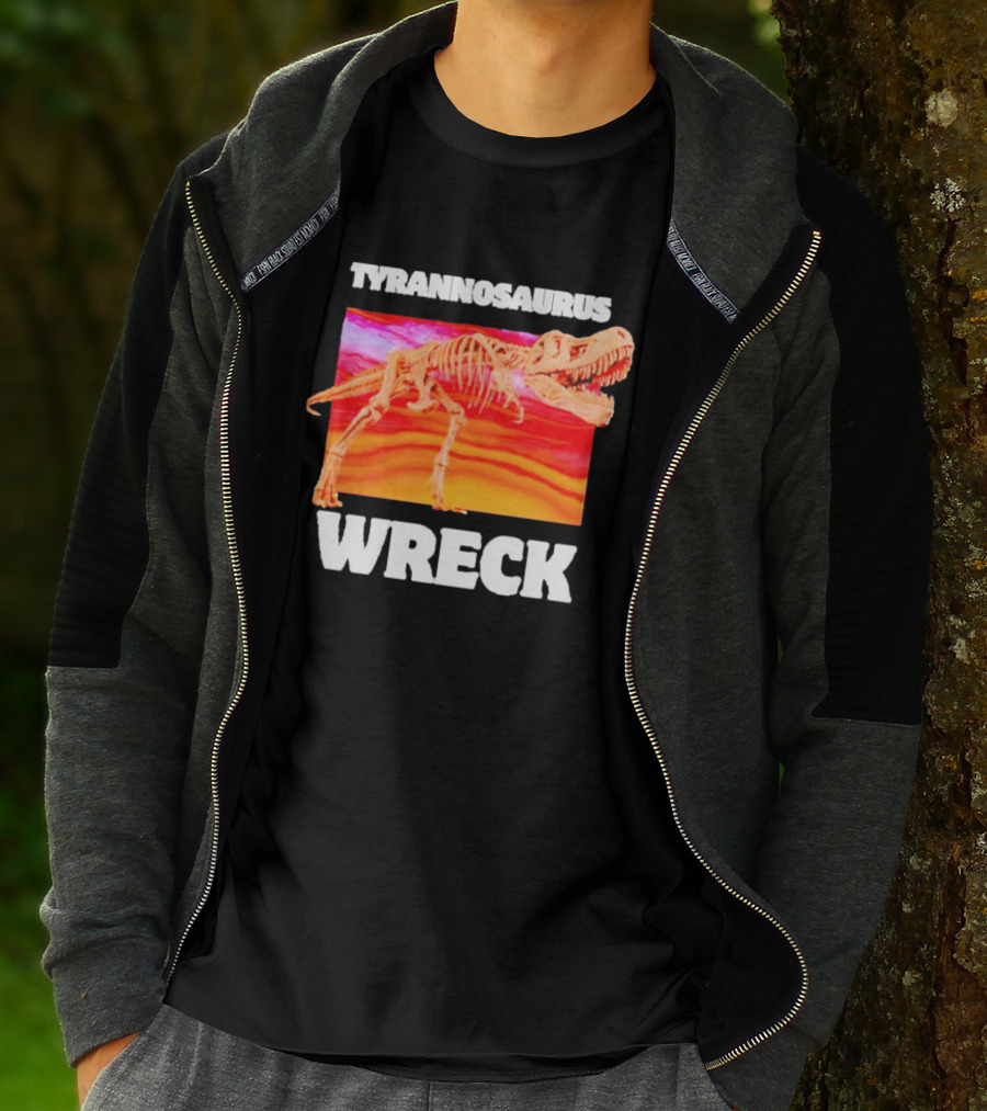 Tyrannosaurus Wreck Dinosaur Pun With Rex Skeleton On Sunset T-Shirt