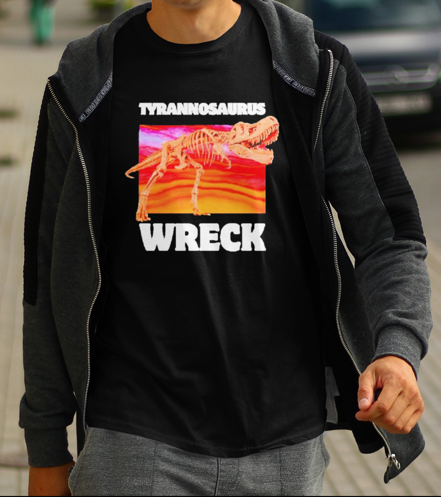 Tyrannosaurus Wreck Dinosaur Pun With Rex Skeleton On Sunset T-Shirt