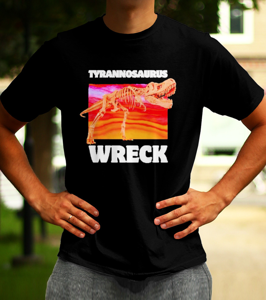 Tyrannosaurus Wreck Dinosaur Pun With Rex Skeleton On Sunset T-Shirt