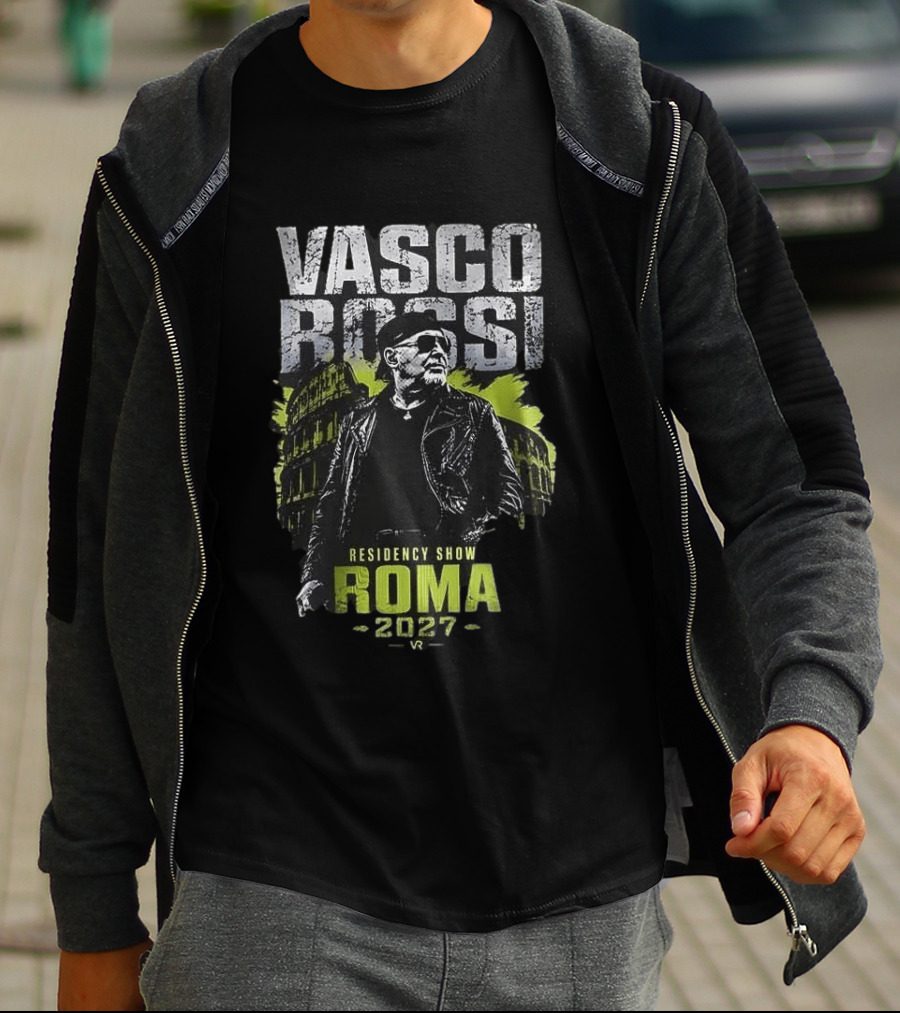 Vasco Rossi Residency Show Roma 2027 Black Leather Jacket Iconic Performance T-Shirt