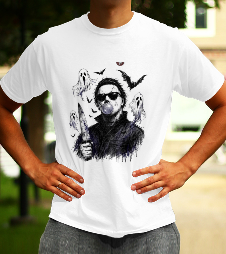 Michael Myers Bubble Gum Slasher Spooky Season Movie Ghosts And Bats T-Shirt