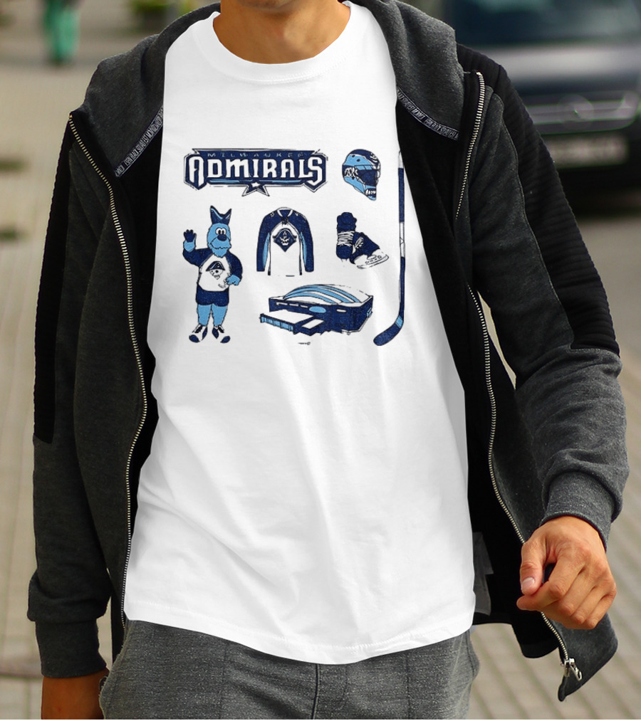 Milwaukee Admirals Hockey Mascot Jersey Helmet Skates Stick Goalie Equipment T-Shirt