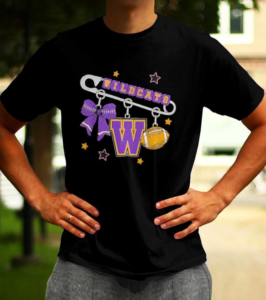 Wildcats Safety Pin Bow W Football Charm Distressed T-Shirt