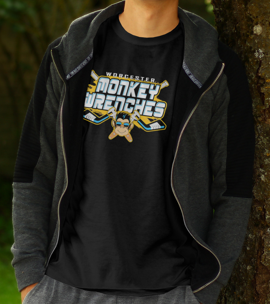 Worcester Monkey Wrenches Hockey Player Monkey With Crossed Wrenches And Hockey Sticks T-Shirt