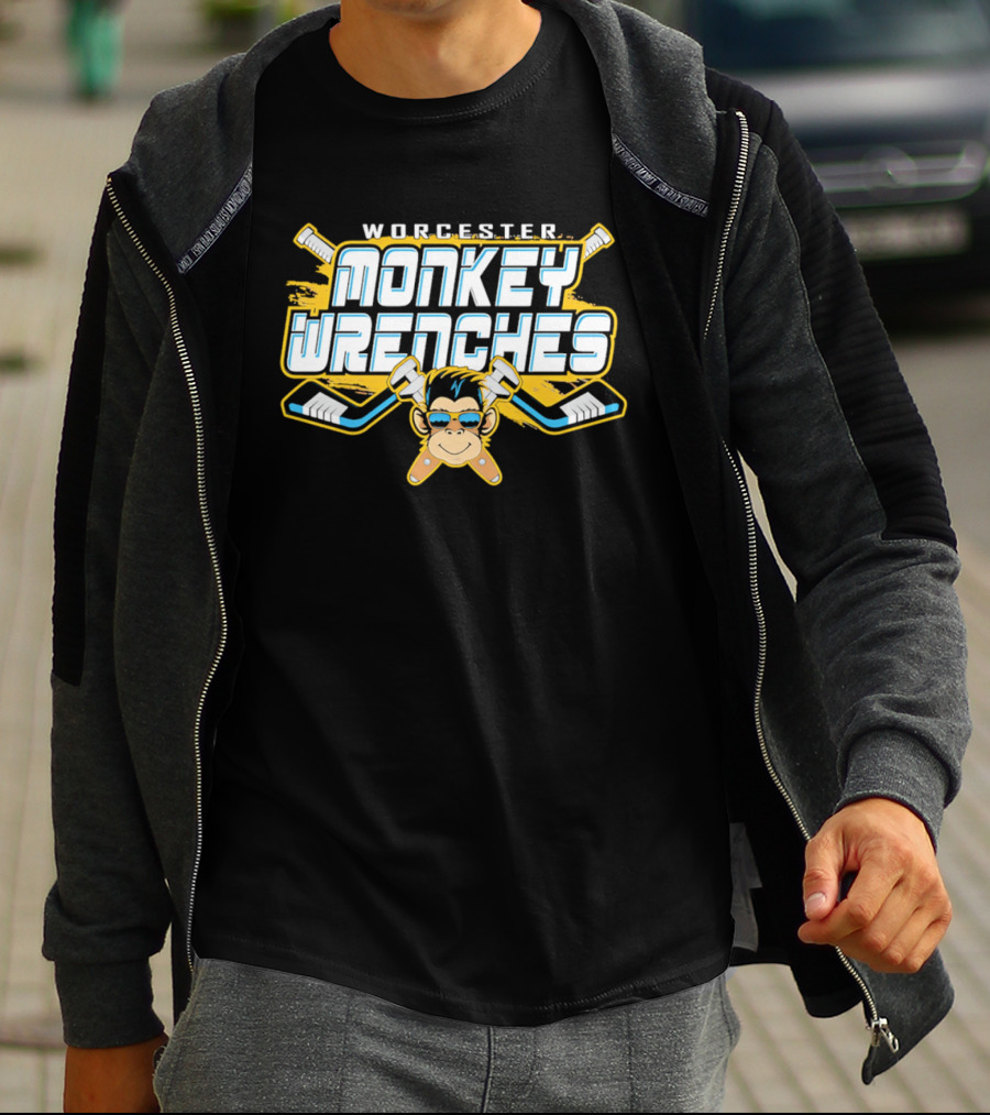 Worcester Monkey Wrenches Hockey Player Monkey With Crossed Wrenches And Hockey Sticks T-Shirt