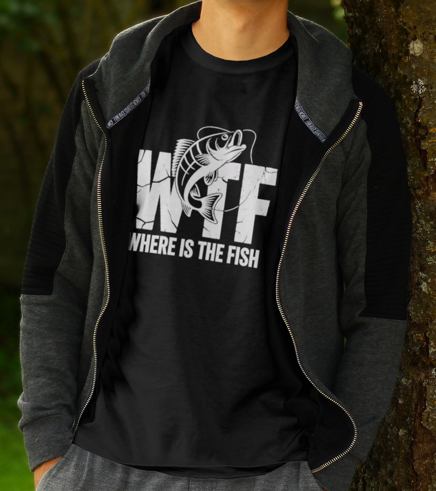 WTF Where Is The Fish Jumping Bass Line Distressed Cracked Fishing Humor T-Shirt