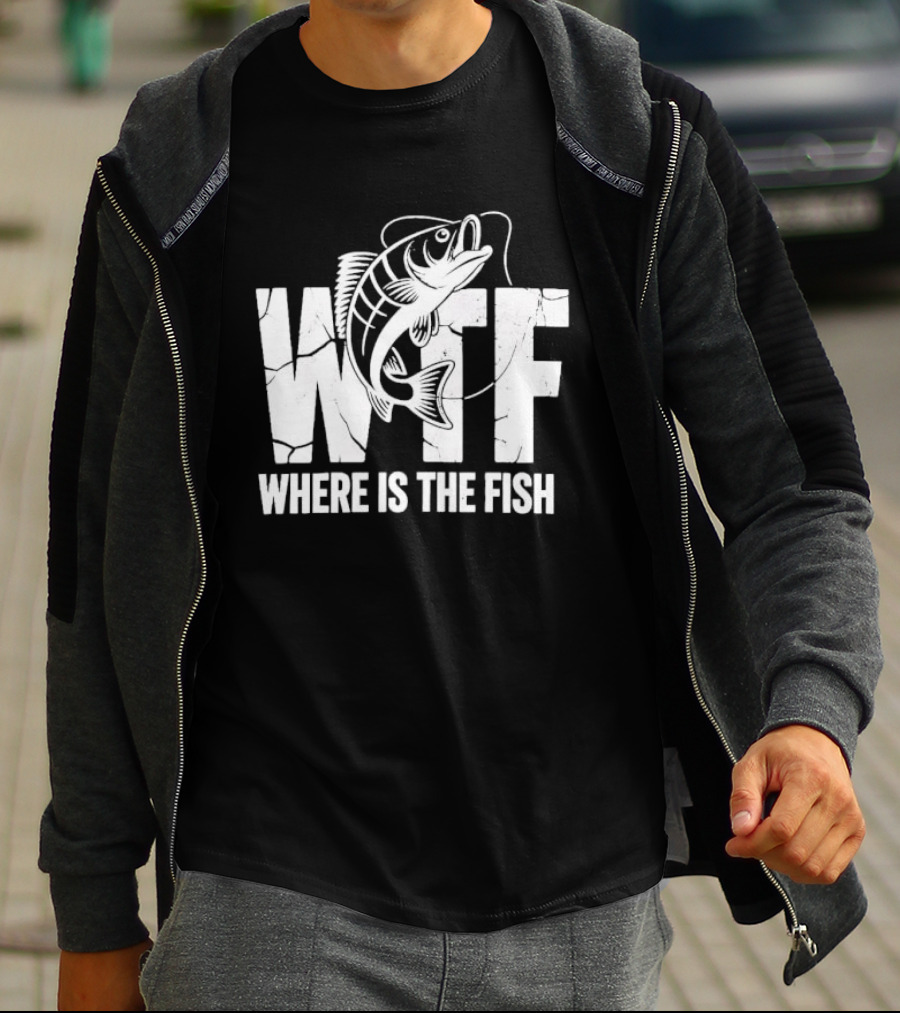 WTF Where Is The Fish Jumping Bass Line Distressed Cracked Fishing Humor T-Shirt