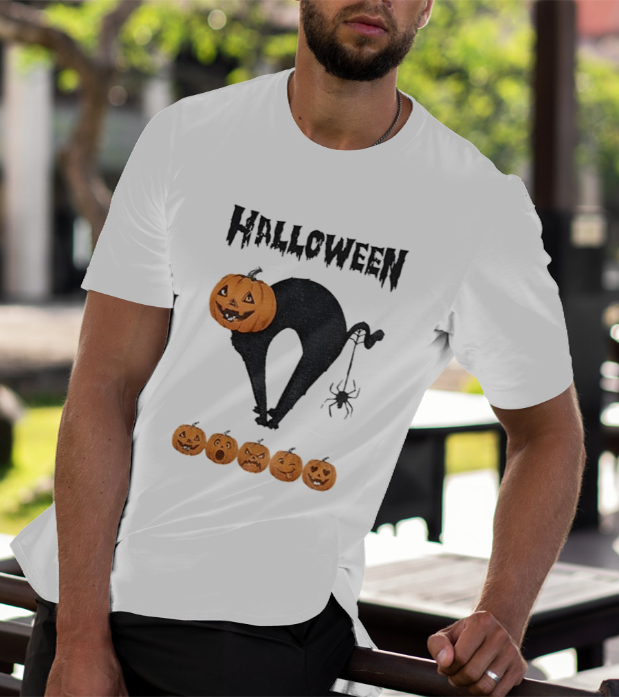 Halloween Pumpkin Cat Black Spider Five Jack O' Lanterns T-Shirt