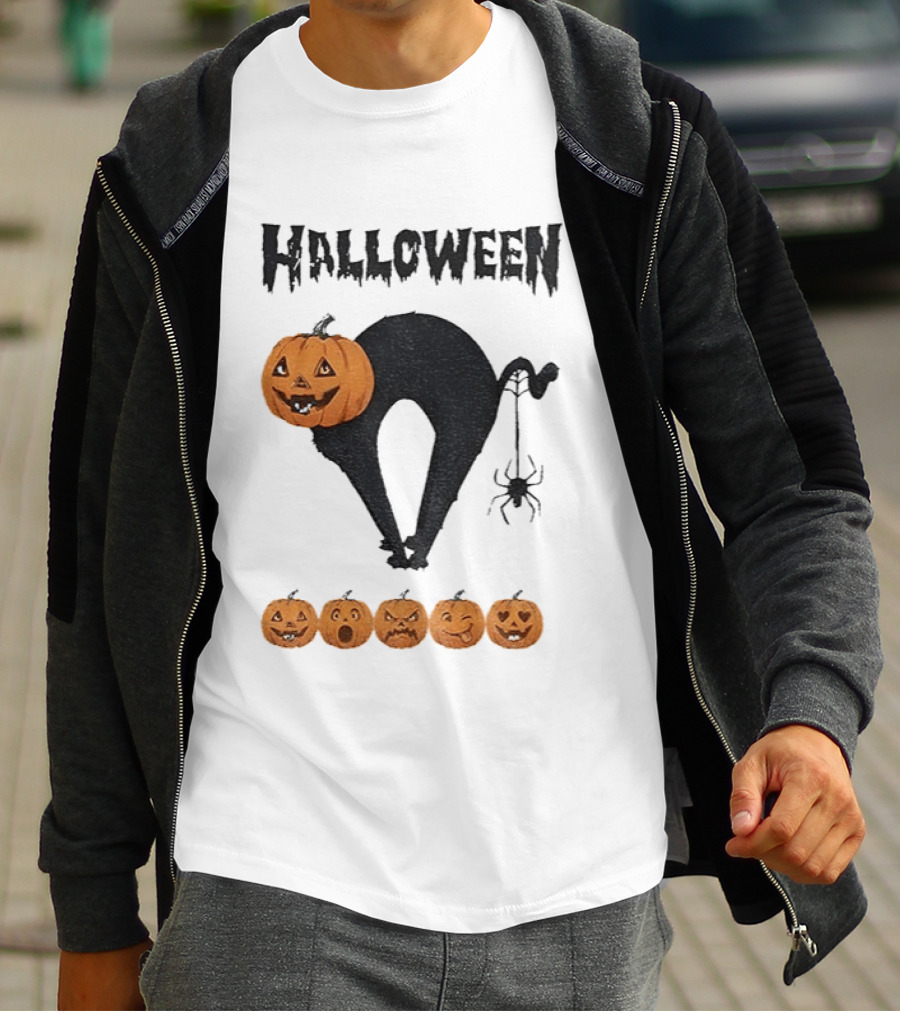 Halloween Pumpkin Cat Black Spider Five Jack O' Lanterns T-Shirt