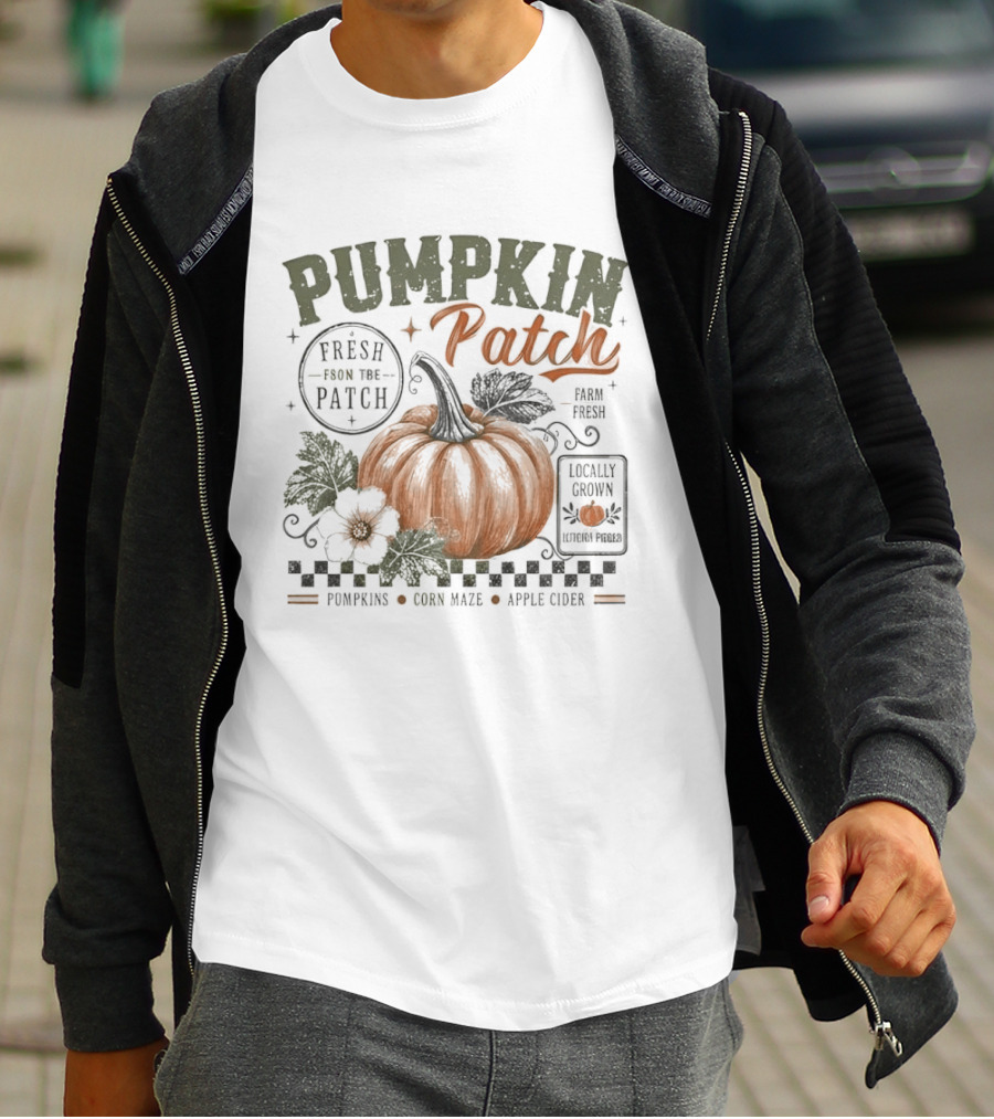 Pumpkin Patch Fresh From Locally Grown Pumpkins Corn Maze Apple Cider Distressed Leaves T-Shirt