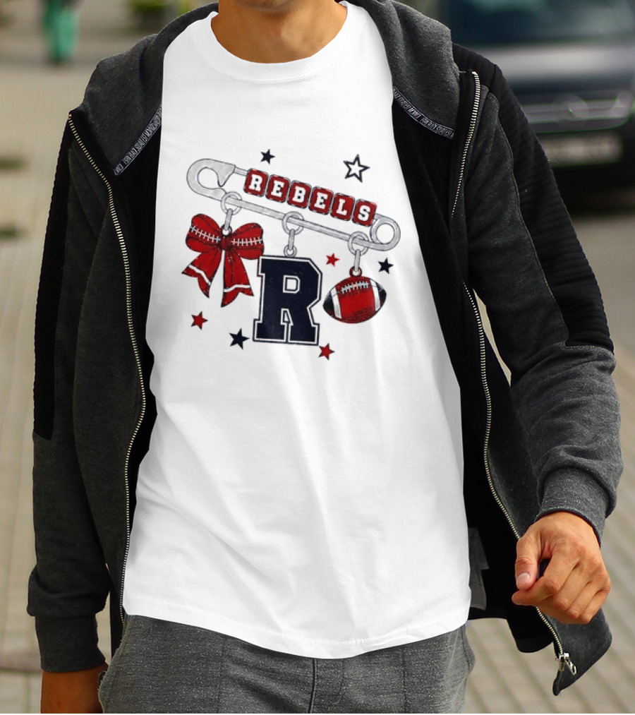 Rebels R Charm Safety Pin Red Bow Football Stars T-Shirt