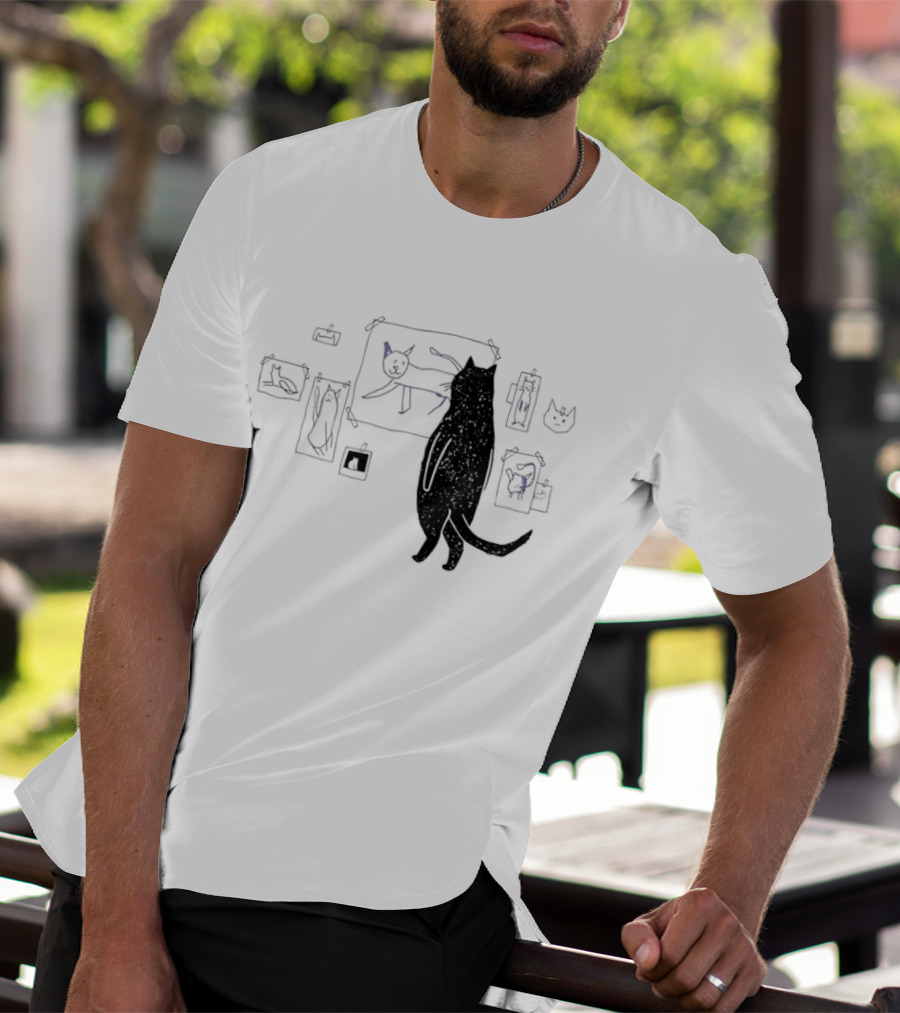 Black Cat Standing Looking At Sketches Line Drawing Wall Gallery T-Shirt