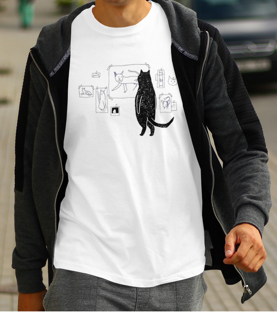 Black Cat Standing Looking At Sketches Line Drawing Wall Gallery T-Shirt