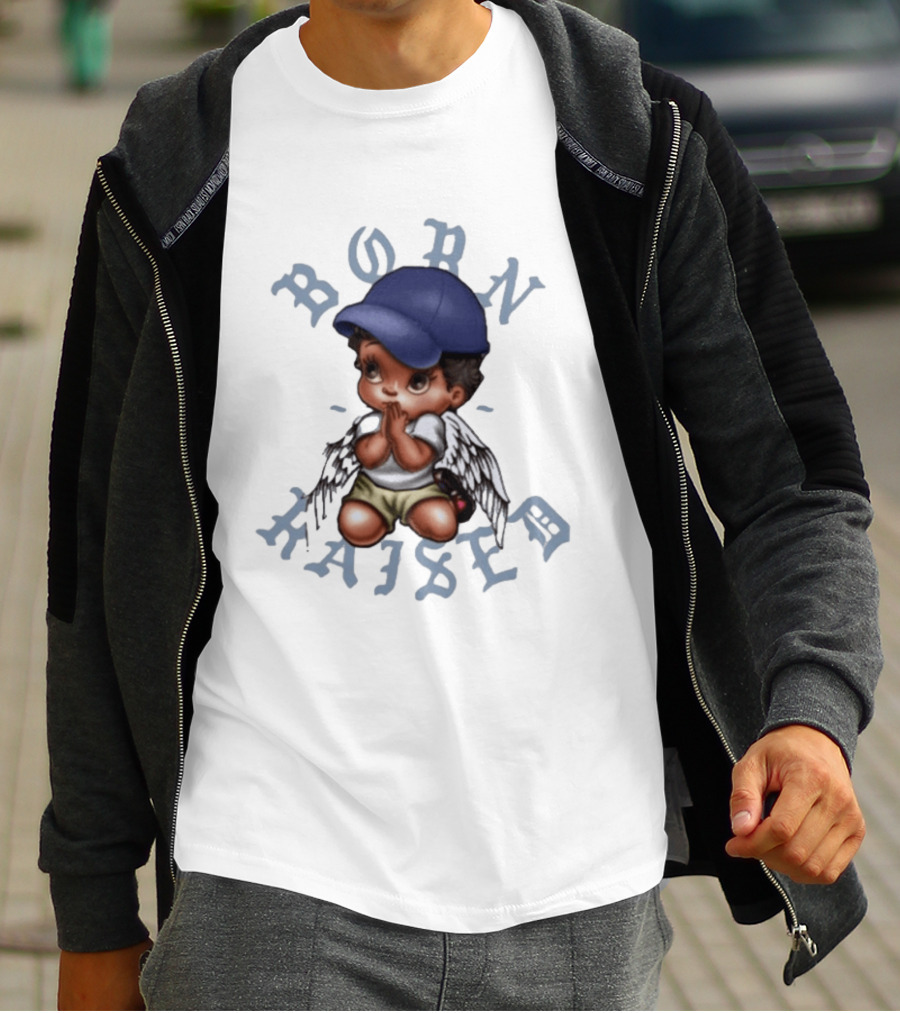 Born X Raised El Angel Cherub Praying With Wings And Cap T-Shirt