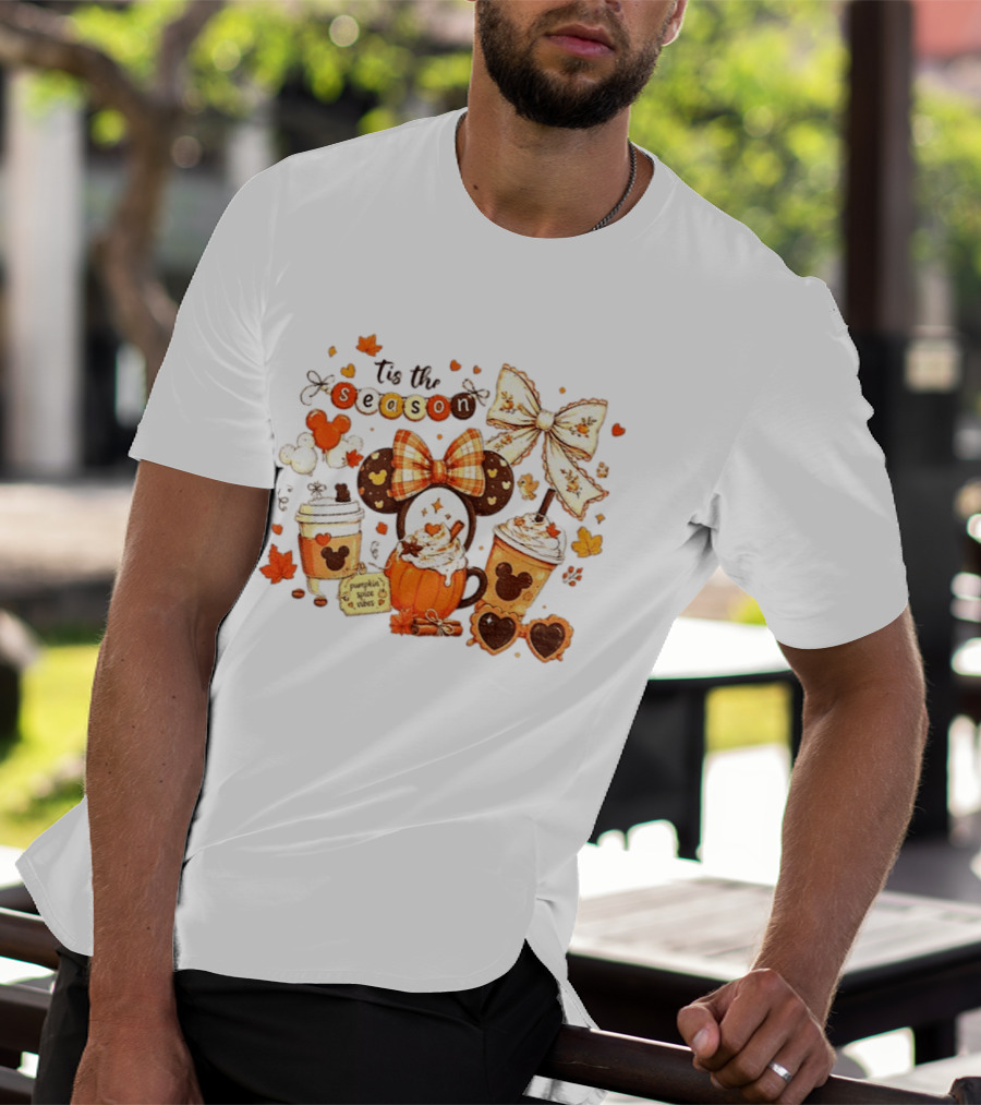 Tis The Season Disney Pumpkin Spice Autumn Coffee Ears And Bows T-Shirt