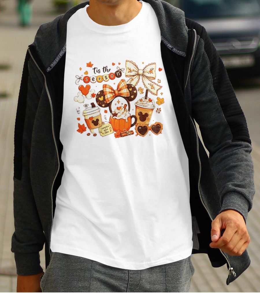 Tis The Season Disney Pumpkin Spice Autumn Coffee Ears And Bows T-Shirt