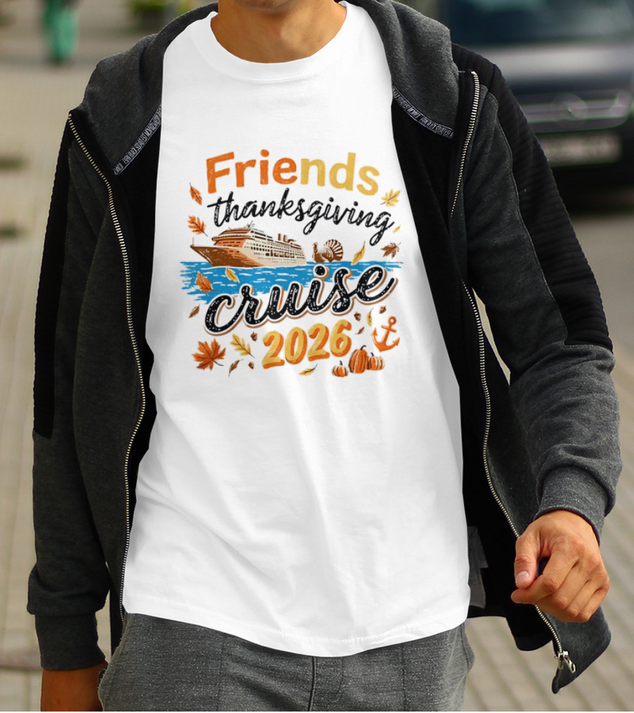 Friends Thanksgiving Cruise 2026 Ocean Liner Turkey Pumpkins Fall Leaves Anchor T-Shirt