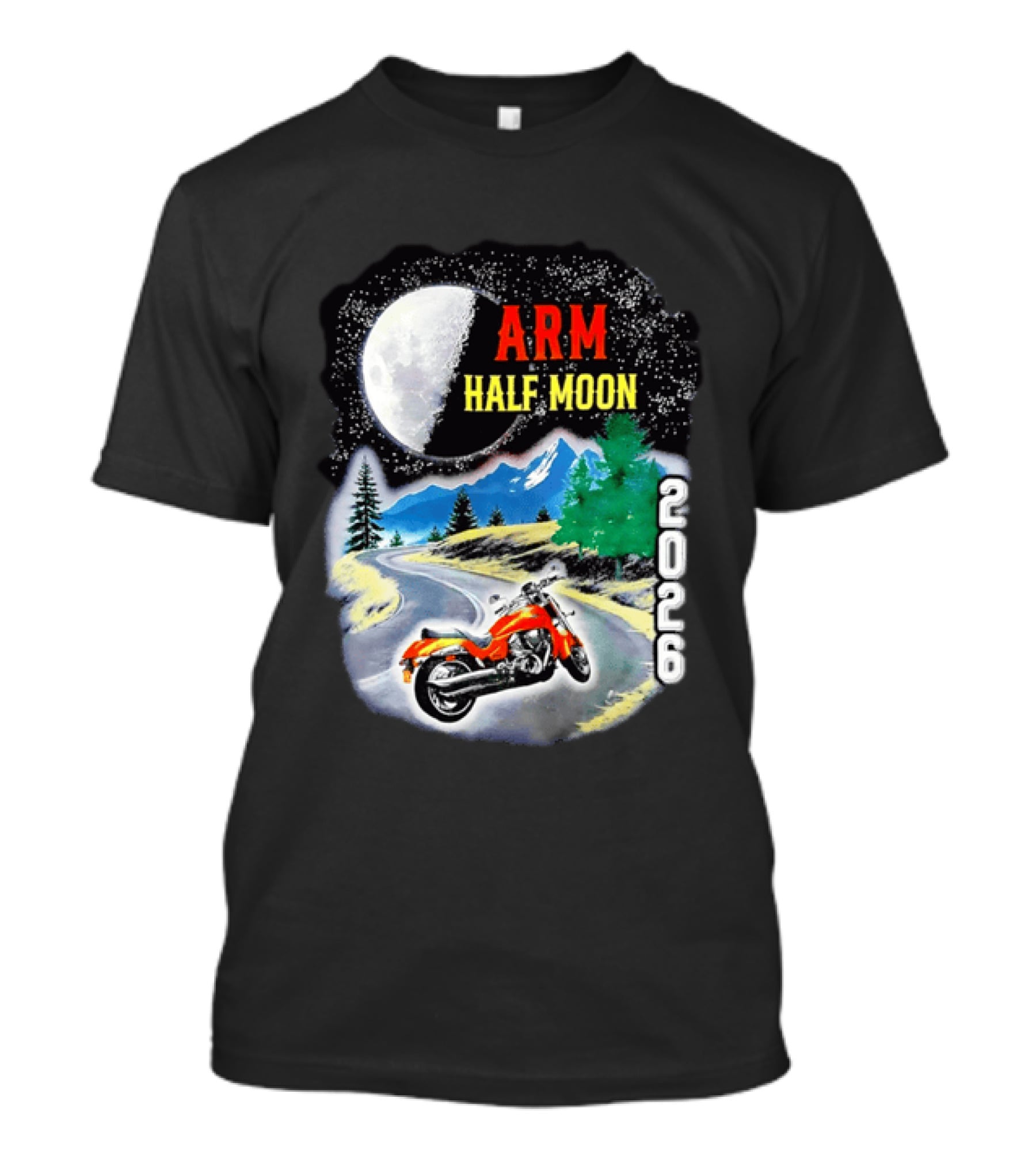 Arm Half Moon 2026 Orange Motorcycle Winding Mountain Road Night Sky T-Shirt