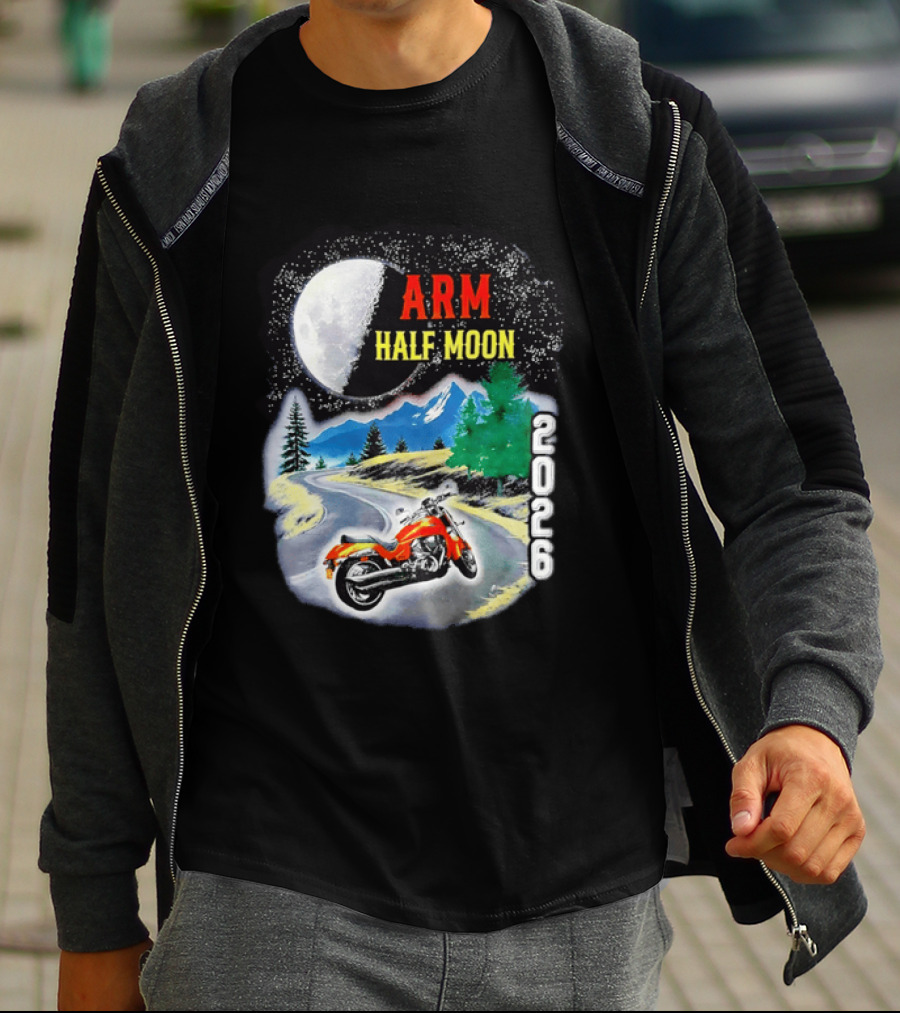 Arm Half Moon 2026 Orange Motorcycle Winding Mountain Road Night Sky T-Shirt