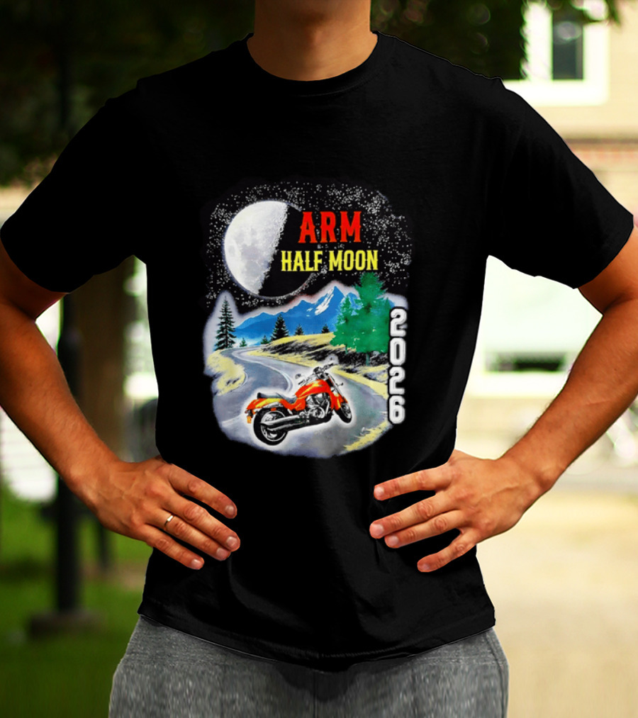 Arm Half Moon 2026 Orange Motorcycle Winding Mountain Road Night Sky T-Shirt